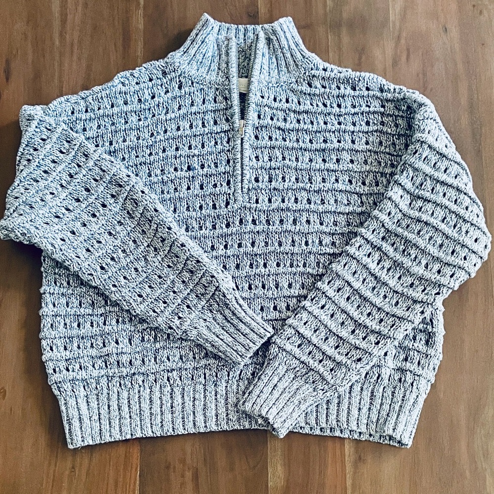 Lou & Grey Heather blue Chunky Half-Zip cotton Sweater small